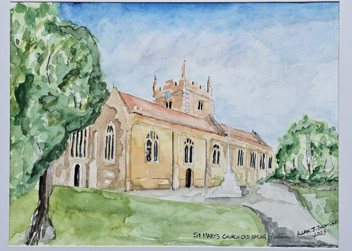 Painting by Alan Thomson of Old Basing Church