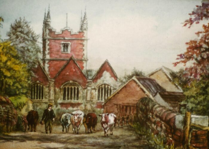 Painting of Old Basing Church from Church Lane and the canal bridge