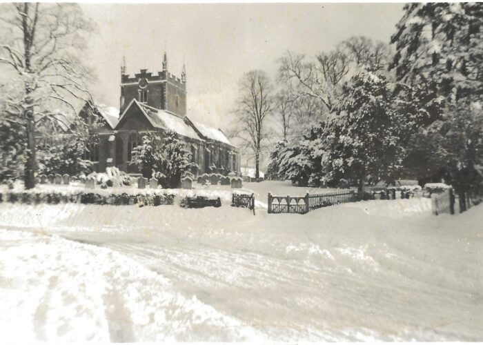 A photo of St Marys Church in Old Basing in the snow.