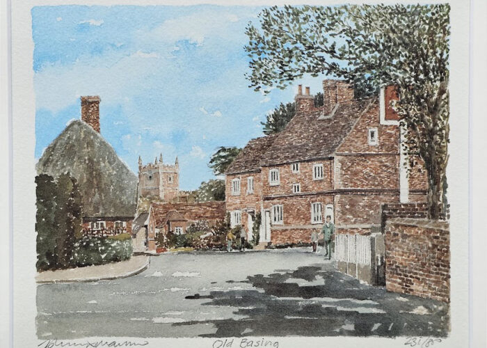 Painting of Old Basing Church from near to the Crown Public House in The Street